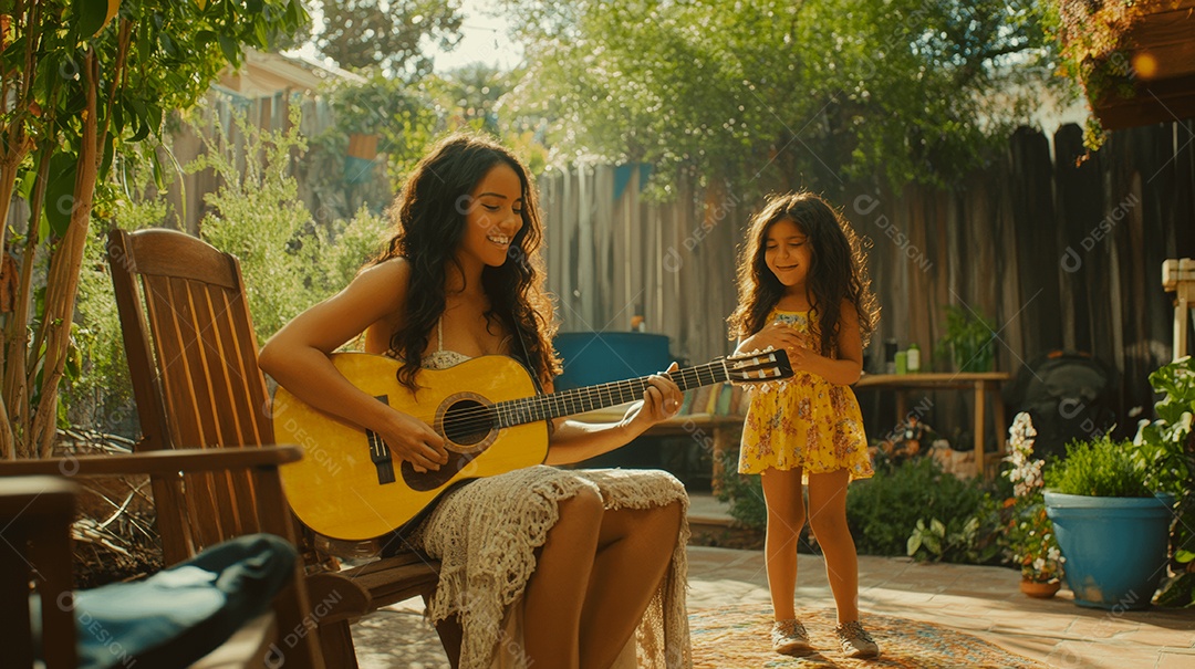 Linda mãe jovem ao lado de sua filha tocando violão