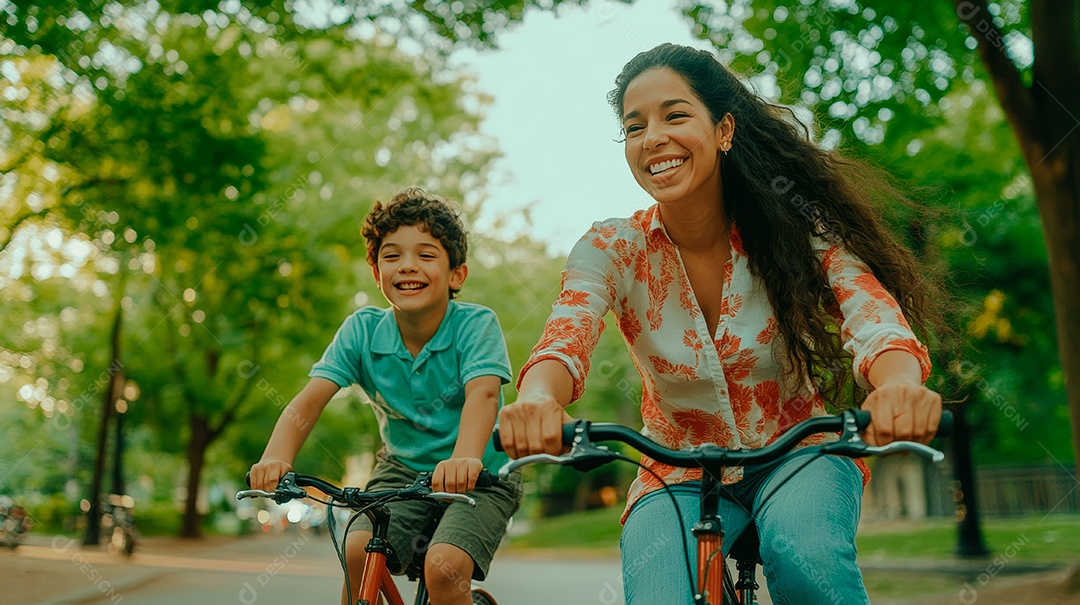 Linda mãe jovem ao lado de seu filho passeando de bicicleta sobre parque