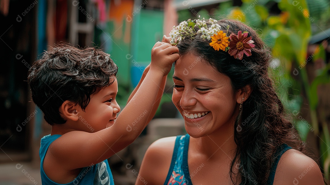 Linda mãe jovem ao lado de seu filho