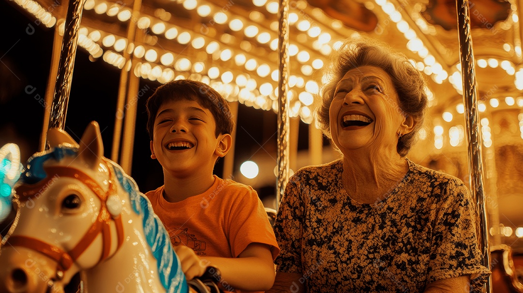 Mãe idosa ao lado de seu filho se divertindo sobre carrossel parque de diversão