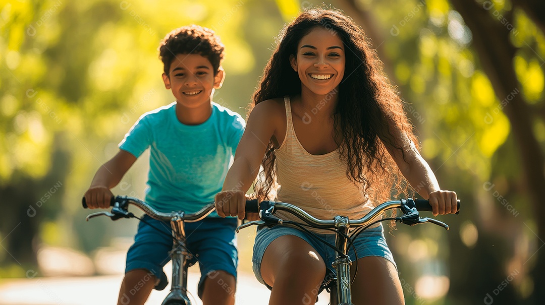 Linda mãe jovem ao lado de seu filho andando de bicicleta