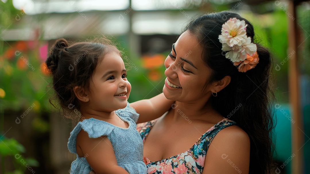 Linda mãe jovem ao lado de sua filha