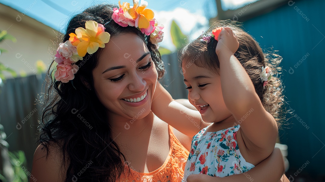 Linda mãe jovem ao lado de sua filha