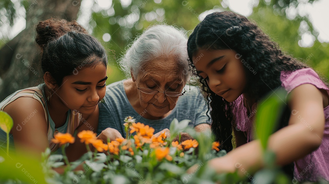 Mãe idosa ao lado de suas filhas sobre uma fazenda plantando mudas de plantas