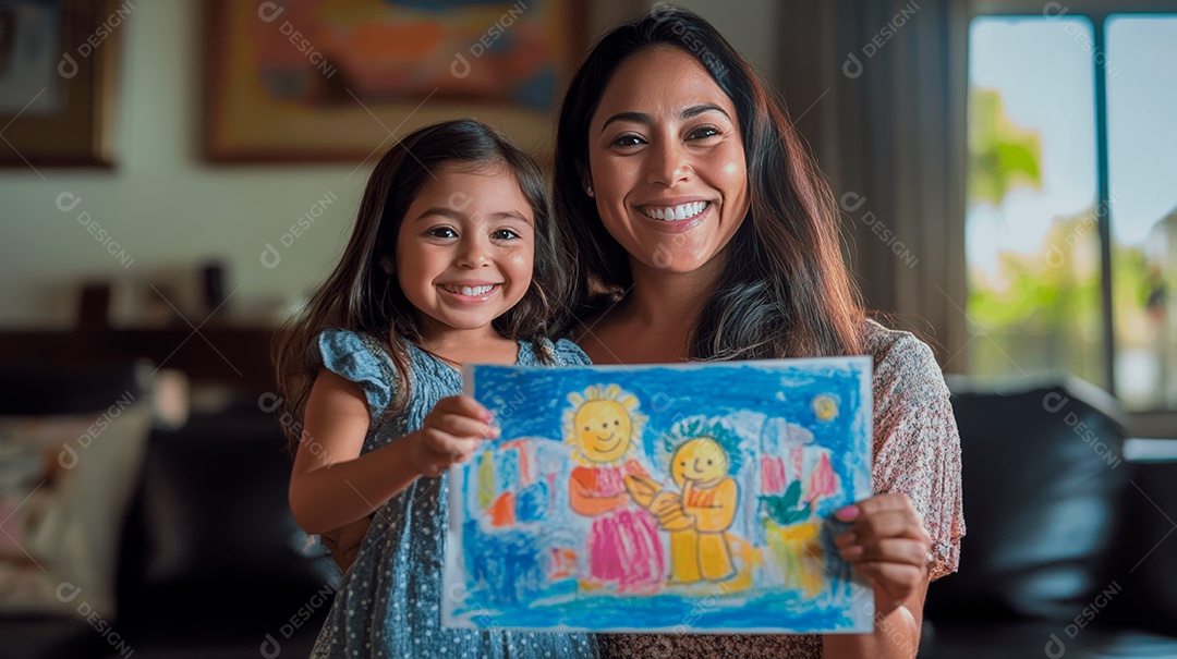 Linda mãe jovem ao lado de sua filha presenteando sua mãe