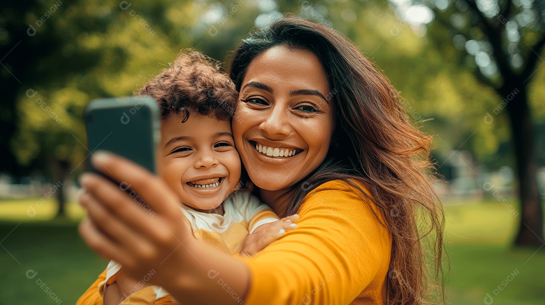 Linda mãe jovem ao lado de seu filho tirando lindos retratos sobre campo