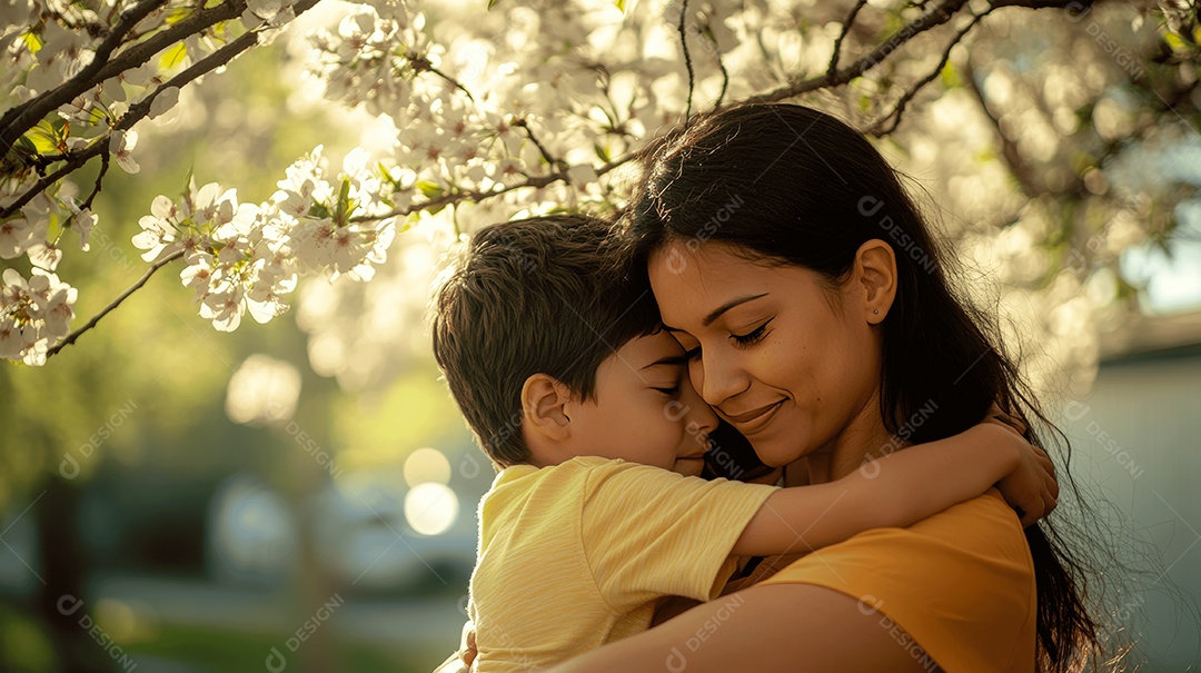 Linda mãe jovem ao lado de seu filho