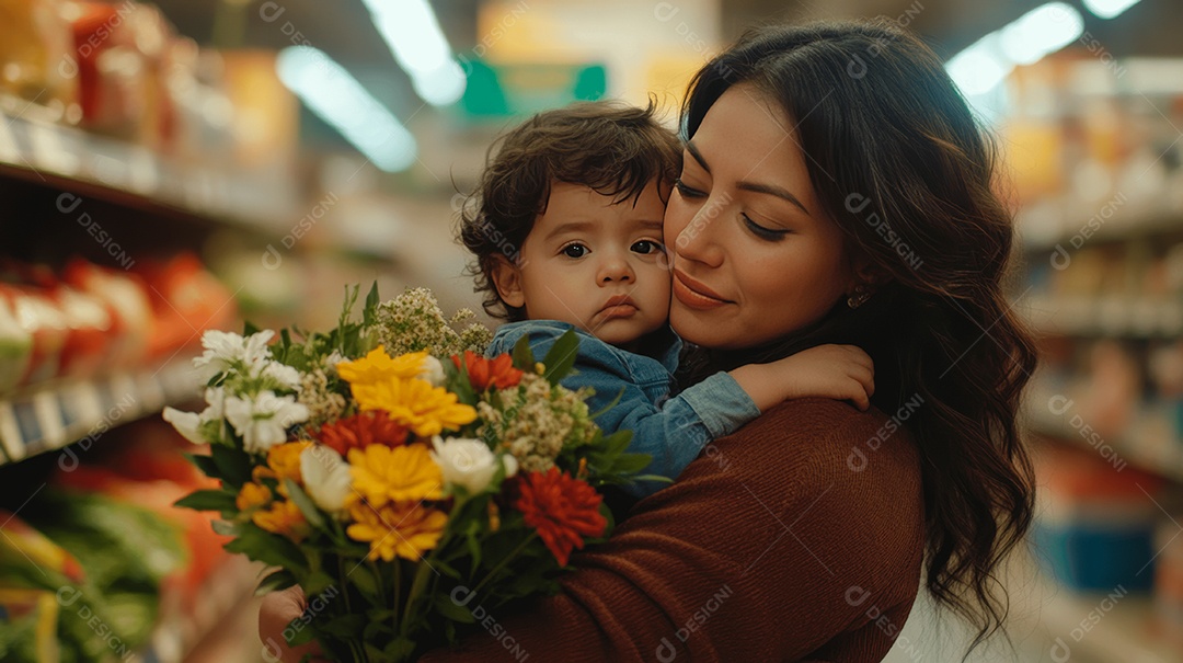 Linda mãe jovem ao lado de seu filho