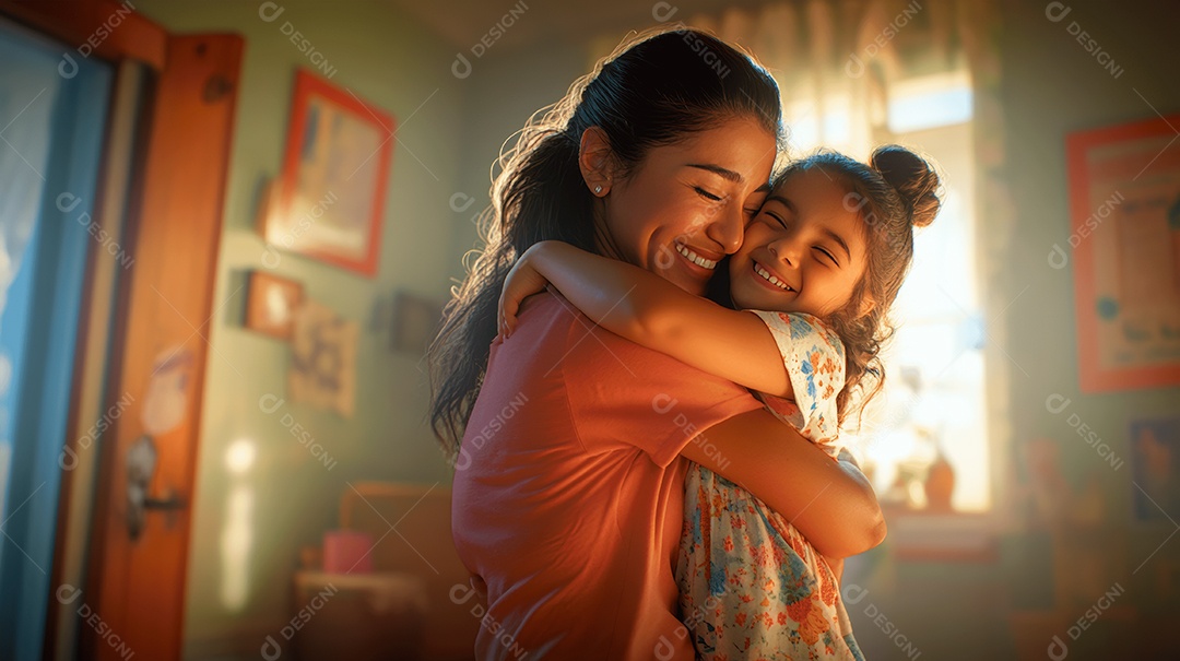 Linda mãe jovem ao lado de sua filha se abraçando