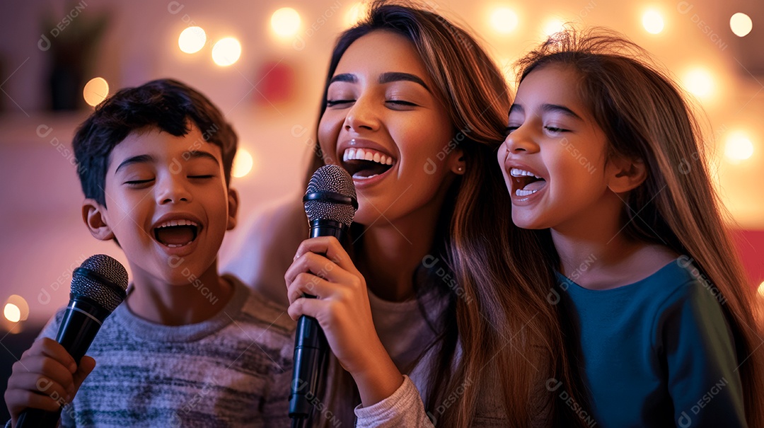 Linda mãe jovem ao lado de seus filho cantando