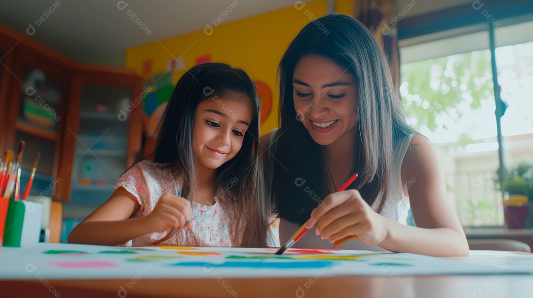 Linda mãe jovem ao lado de sua filha desenhando