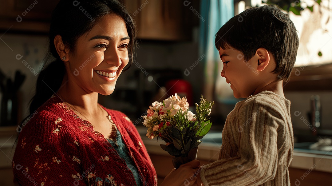 Linda mãe jovem ao lado de seu filho ganhando flores