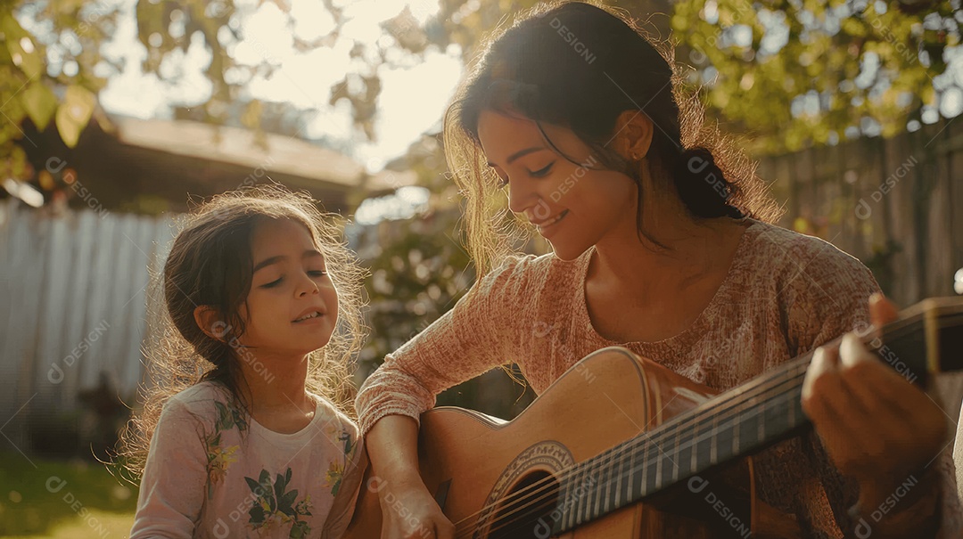 Linda mãe jovem ao lado de sua filha tocando violão