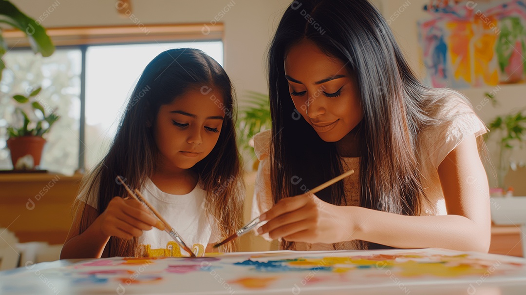 Linda mãe jovem ao lado de sua filha desenhando