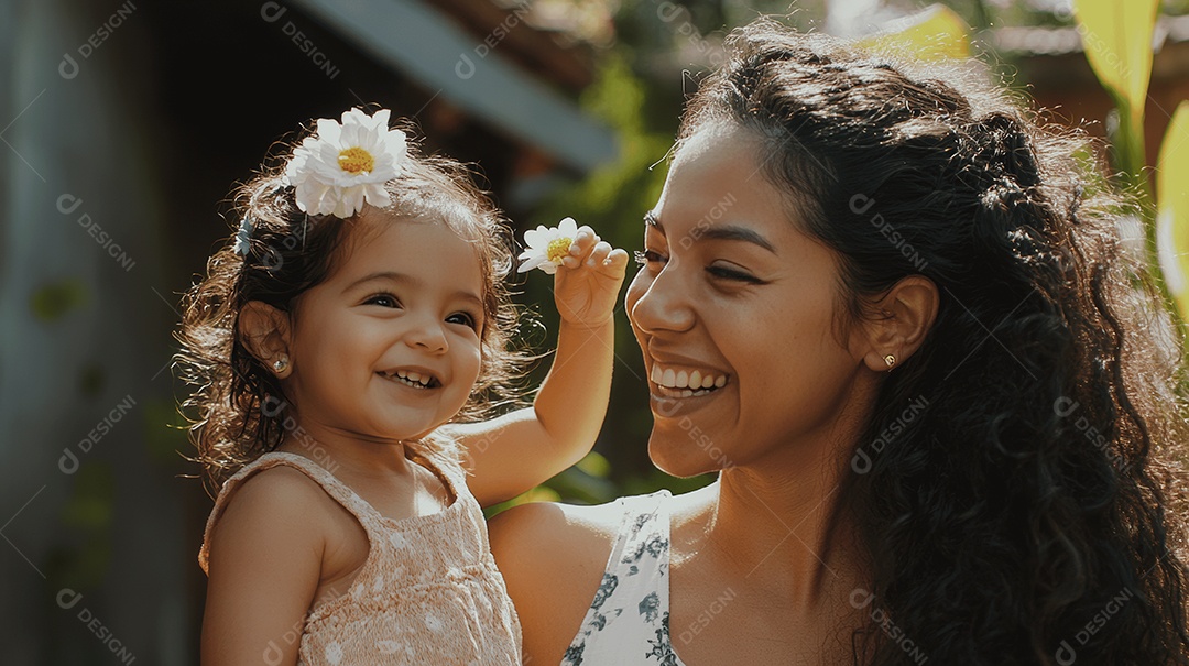 Linda mãe jovem ao lado de sua filha