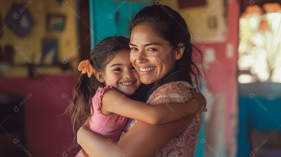 Linda mãe jovem ao lado de sua filha se abraçando