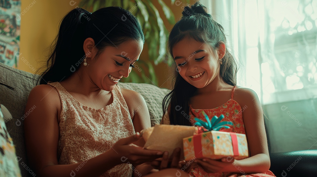 Linda mãe jovem ao lado de sua filha ganhando presente