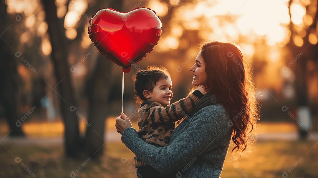 Linda mãe jovem ao lado de sua filha segurando balão vermelho