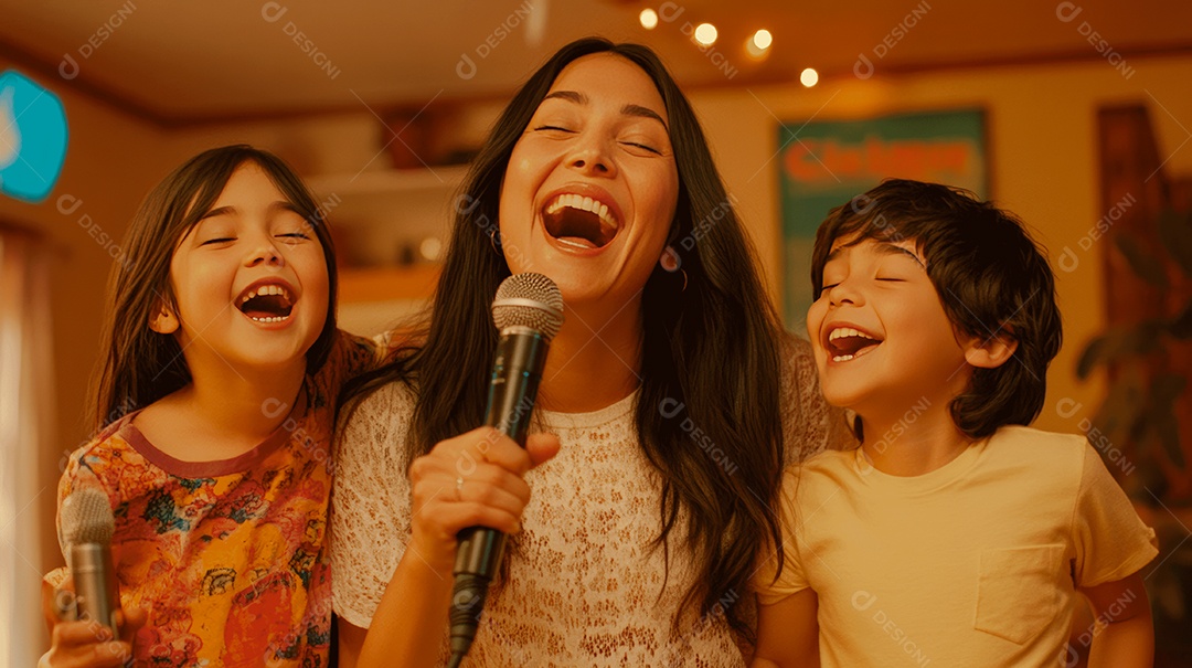 Linda mãe jovem ao lado de seus filhos se divertindo sobre sala