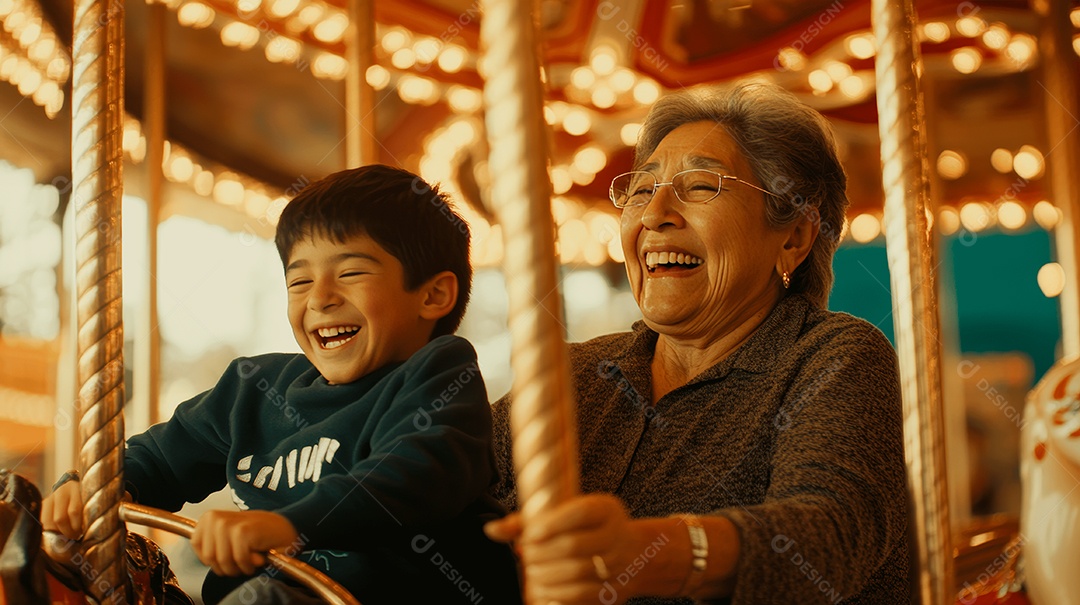 Mãe idosa ao lado de seu filho se divertindo sobre carrossel parque de diversão