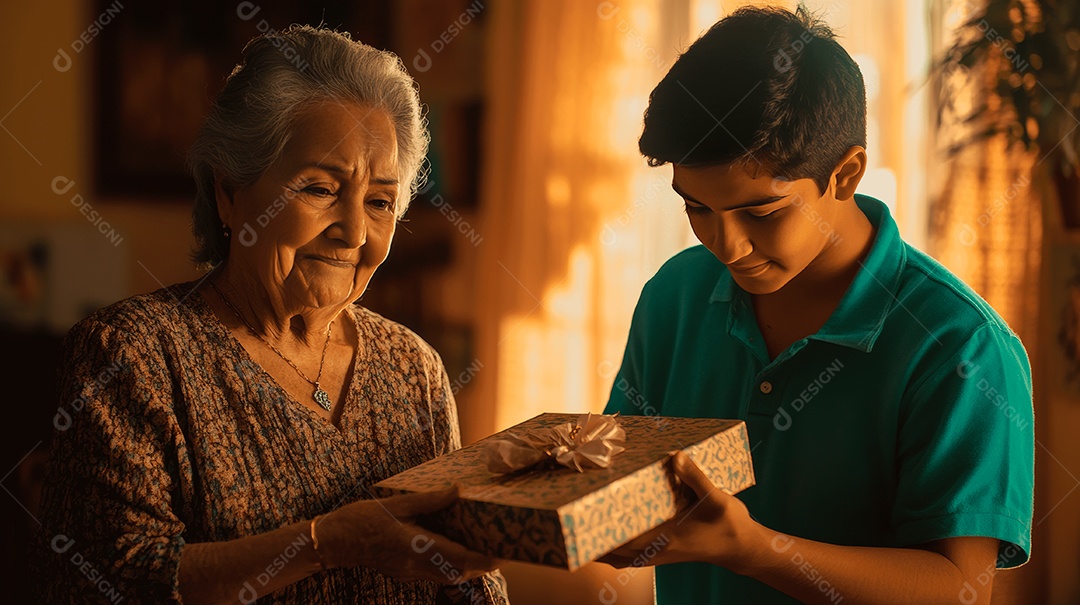 Mãe idosa ao lado de seu filho sendo presenteanda