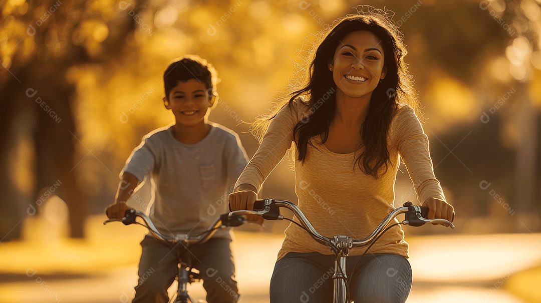 Linda mãe jovem andando de bicicleta com seu filho