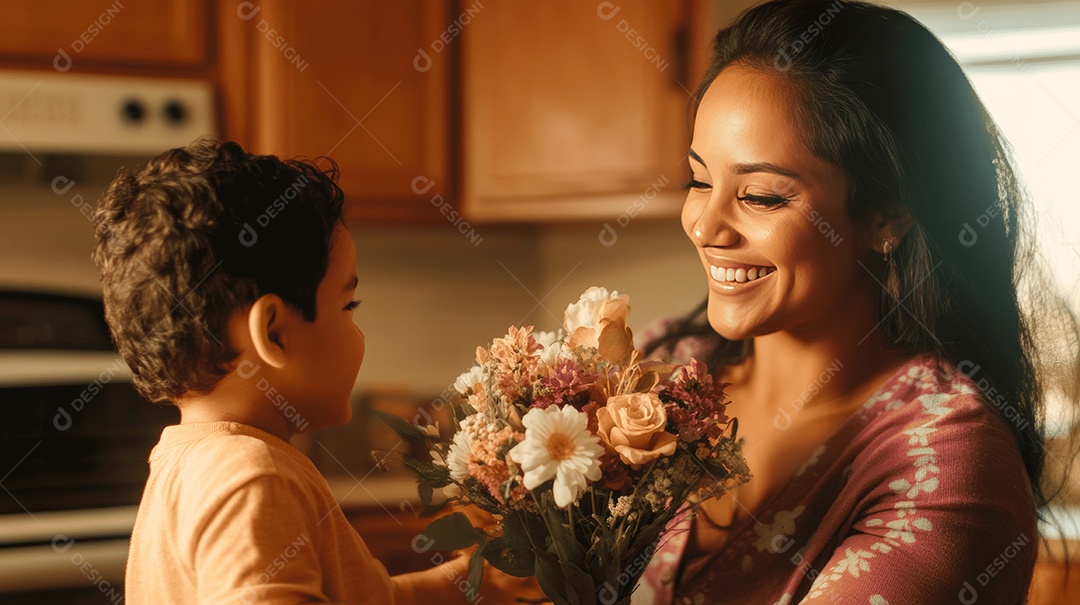Linda mãe jovem ao lado de seu filho presenteando sua mãe com flores