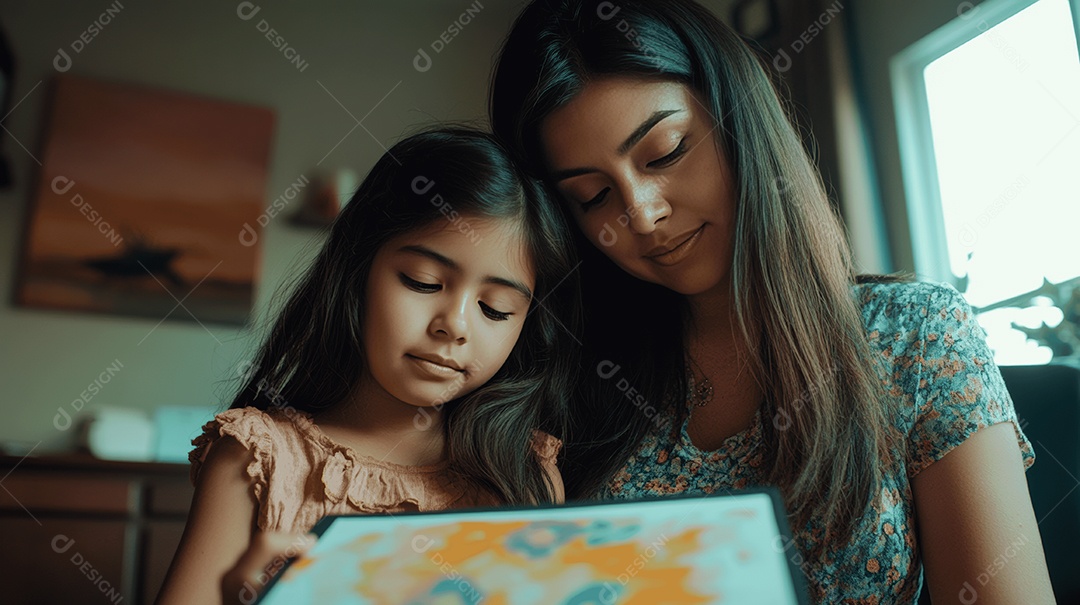 Linda mãe jovem ao lado de sua filha presenteando sua mãe