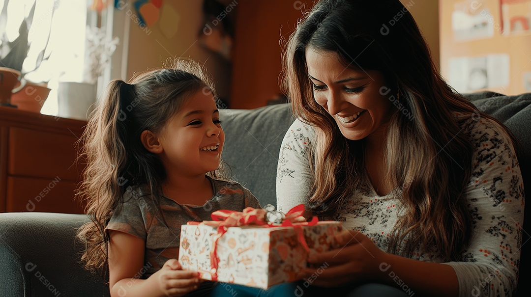 Linda mãe jovem ao lado de sua filha presenteando sua mãe