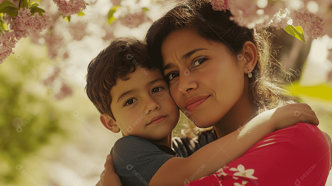 Linda mãe jovem ao lado de seu filho