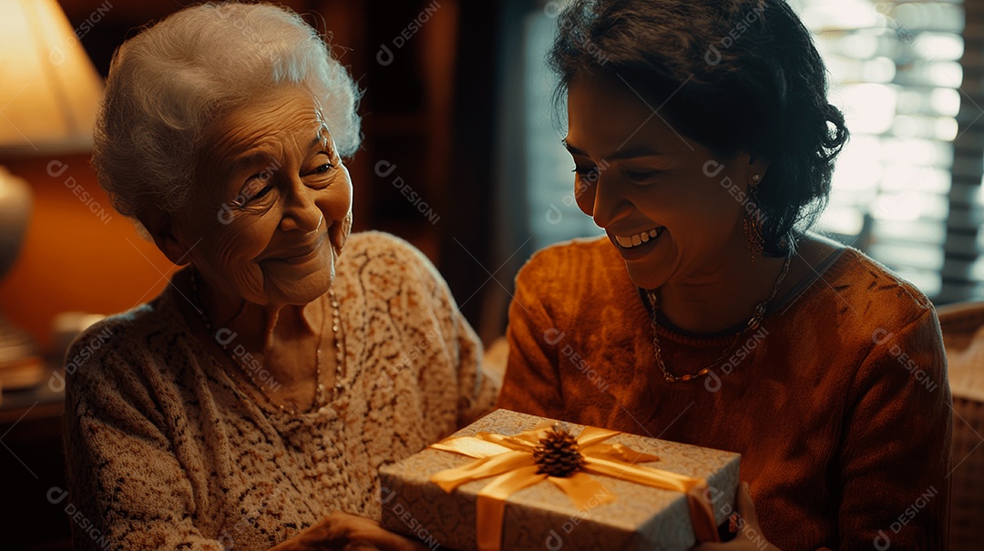 Linda mãe idosa ao lado de sua filha jovem presenteando sua mãe