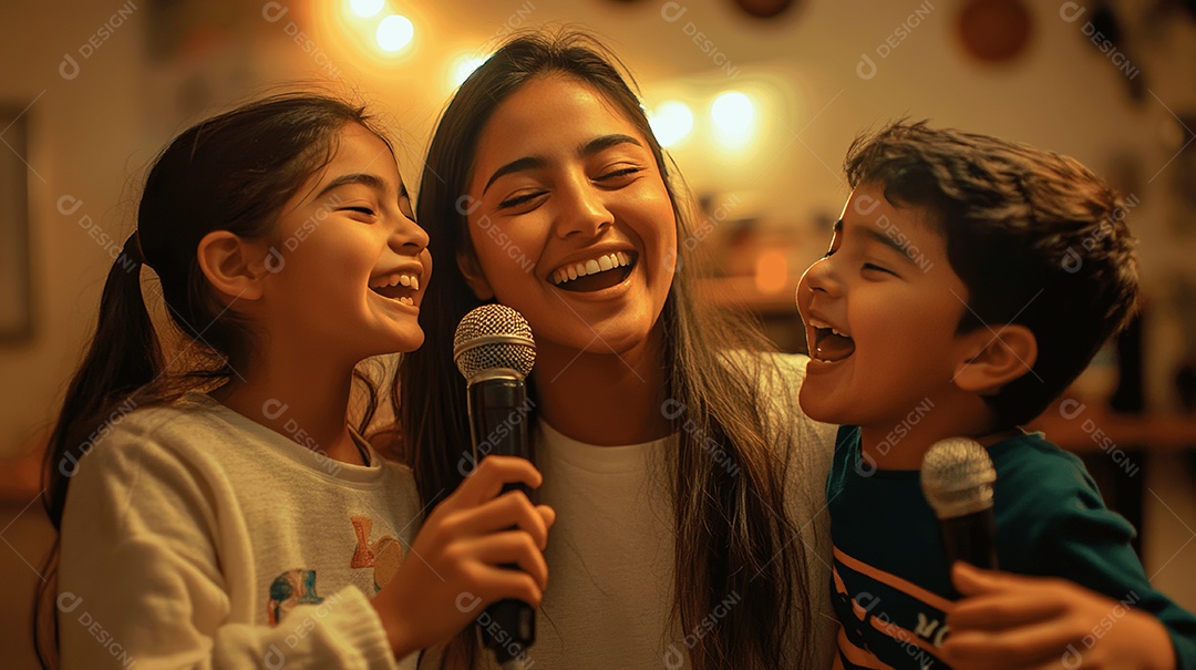 Linda mãe jovem ao lado de seus fihos se divertindo