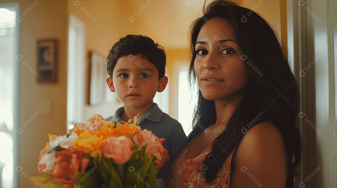 Linda mãe jovem ao lado de seu filho