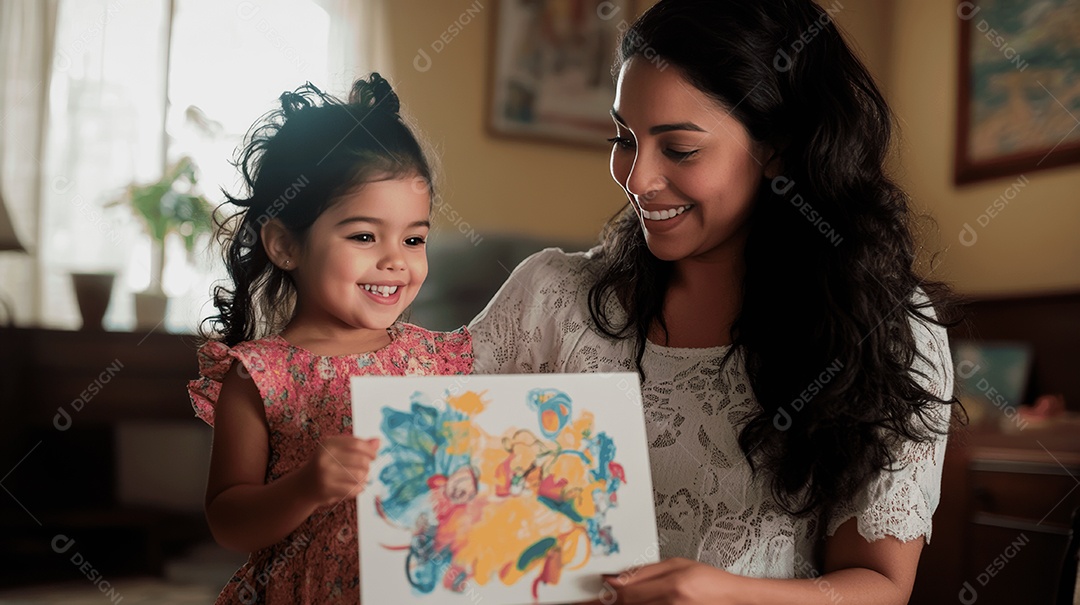 Linda mãe jovem ao lado de sua filha desenhando juntas
