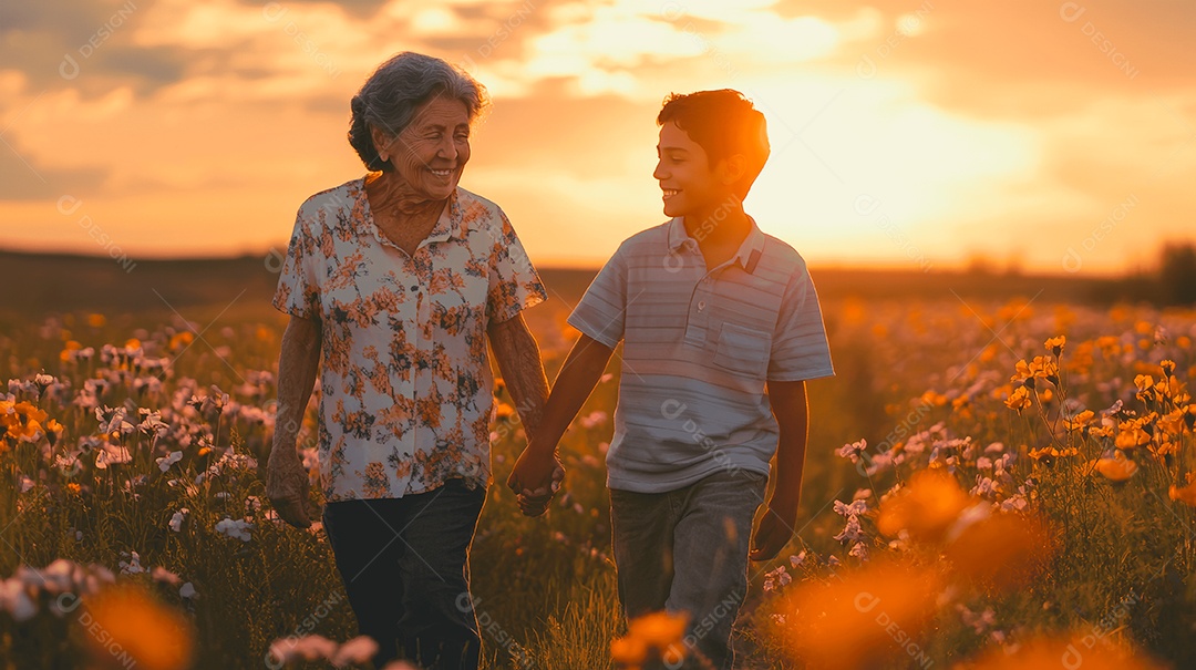 Mãe ao lado de seu filho caminhando sobre lindo campo
