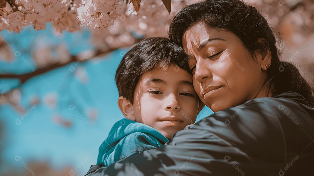 Linda mãe jovem ao lado de seu filho