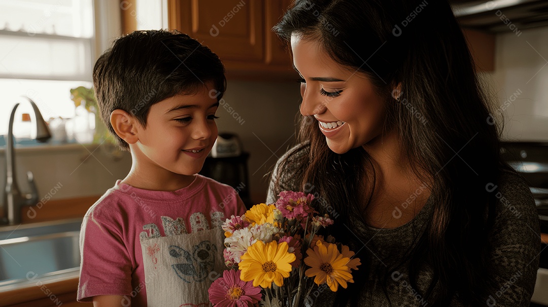 Linda mãe jovem ao lado de seu filho presenteando sua mãe com flores