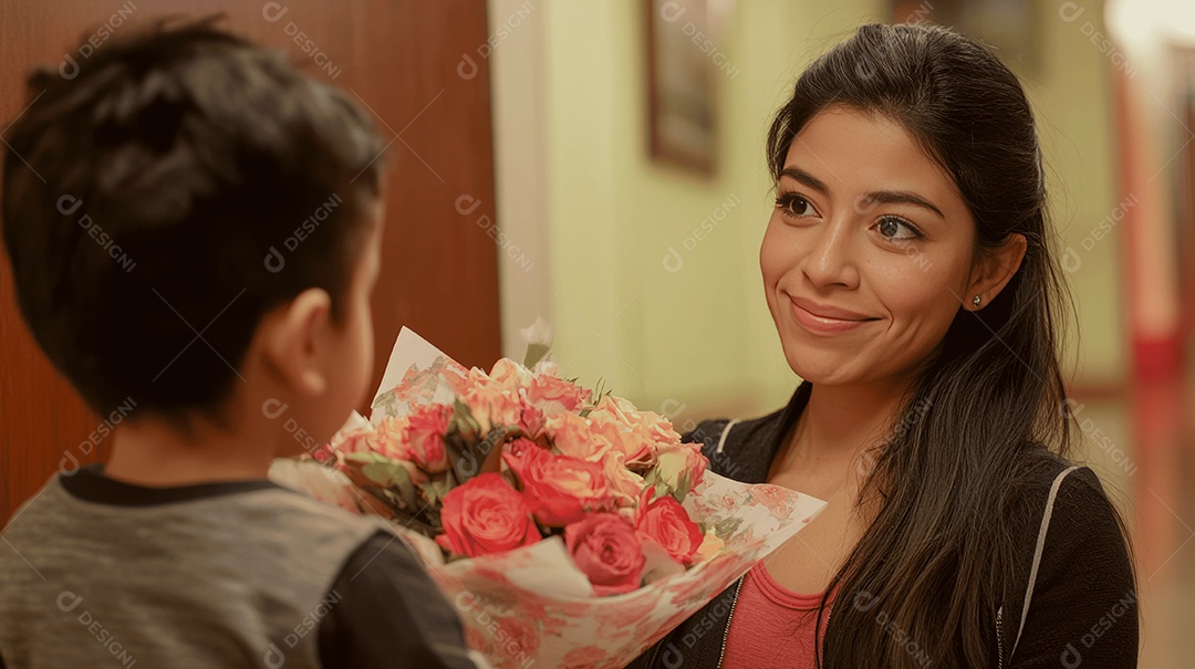 Linda mãe jovem ao lado de seu filho presenteando sua mãe com flores