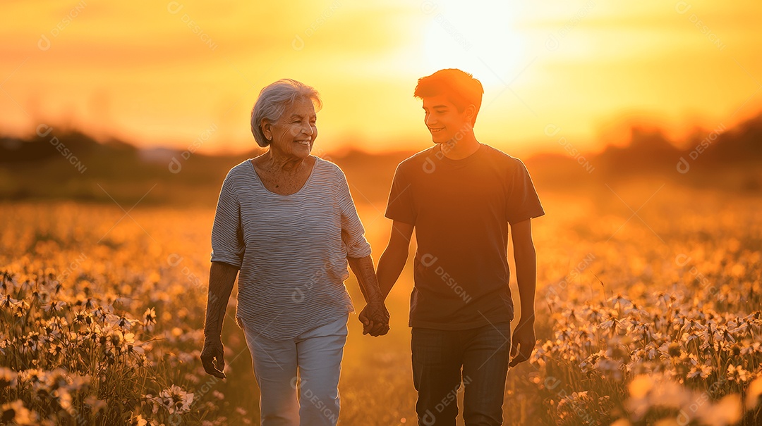 Mãe ao lado de seu filho caminhando sobre lindo campo