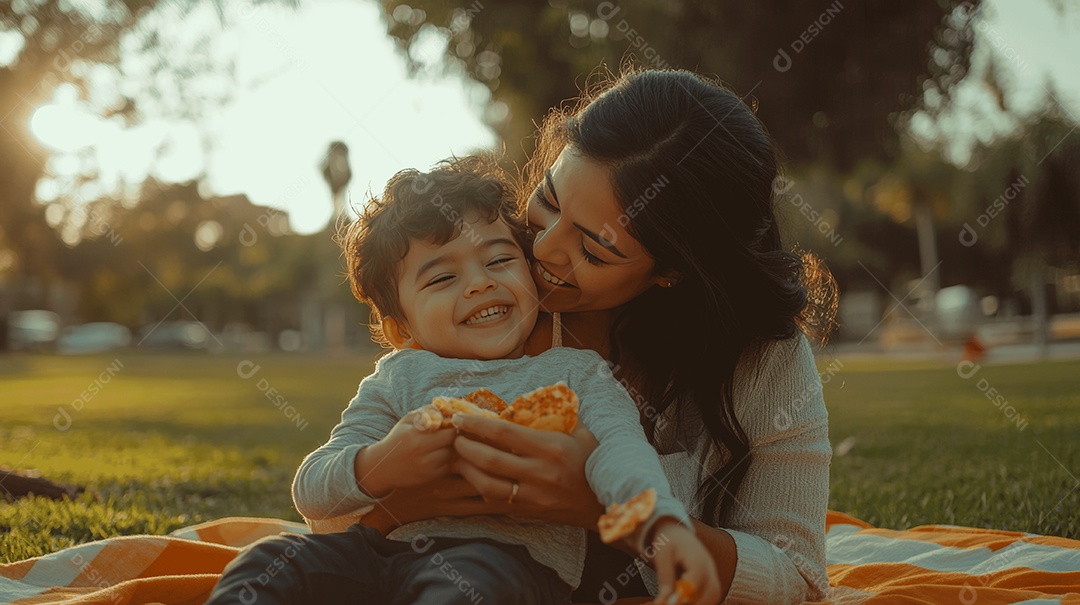 Linda mãe jovem ao lado de seu filho sobre parque