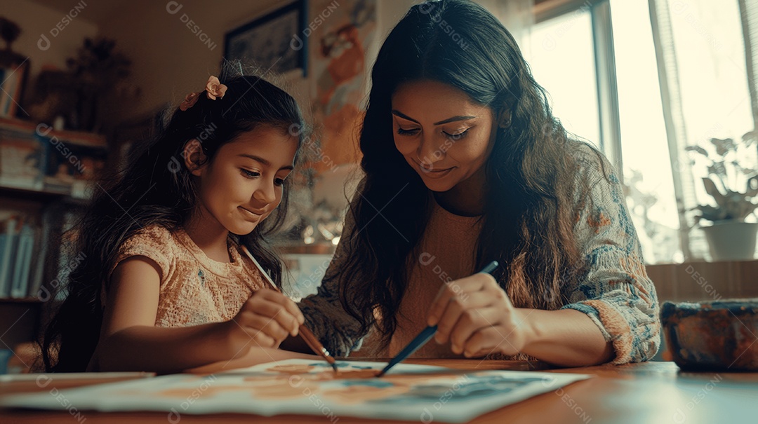 Linda mãe jovem ao lado de sua filha