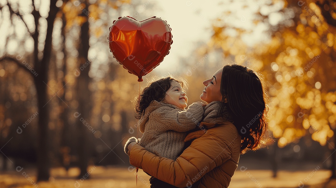 Linda mãe jovem ao lado de sua filha segurando balão vermelho