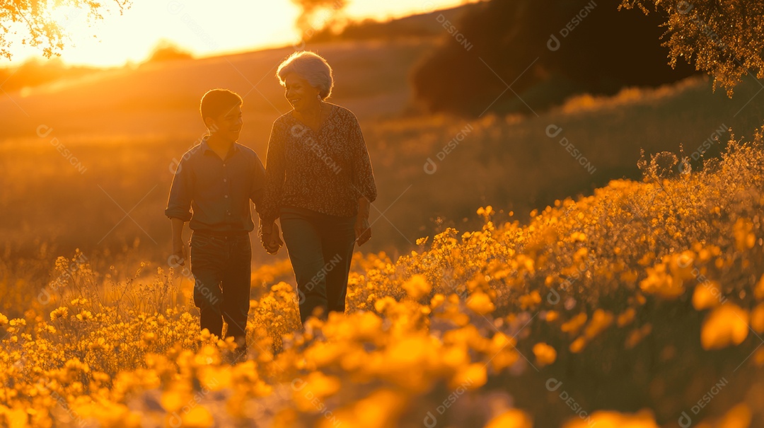 Mãe idosa ao lado de seu filho caminhando sobre campo