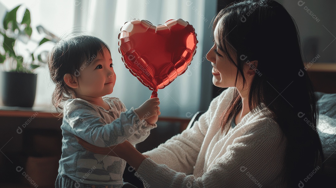 Linda mãe jovem ao lado de sua filha segurando balão vermelho
