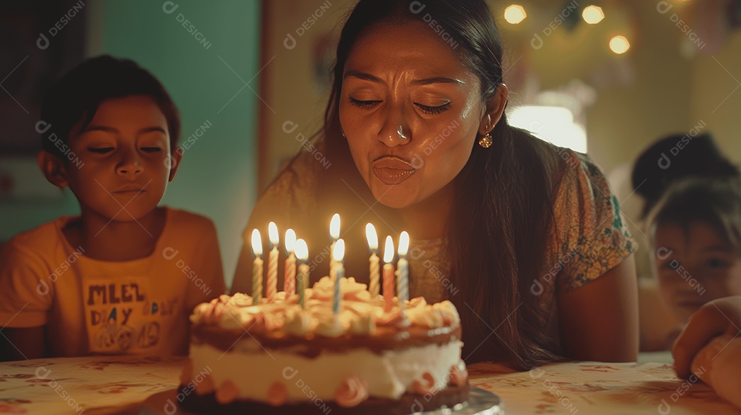 Linda mãe jovem ao lado de seus filhos celebrando seu aniversário