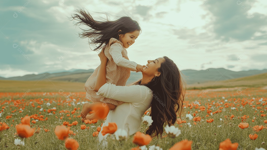 Linda mãe jovem ao lado de sua filha sobre lindo campo