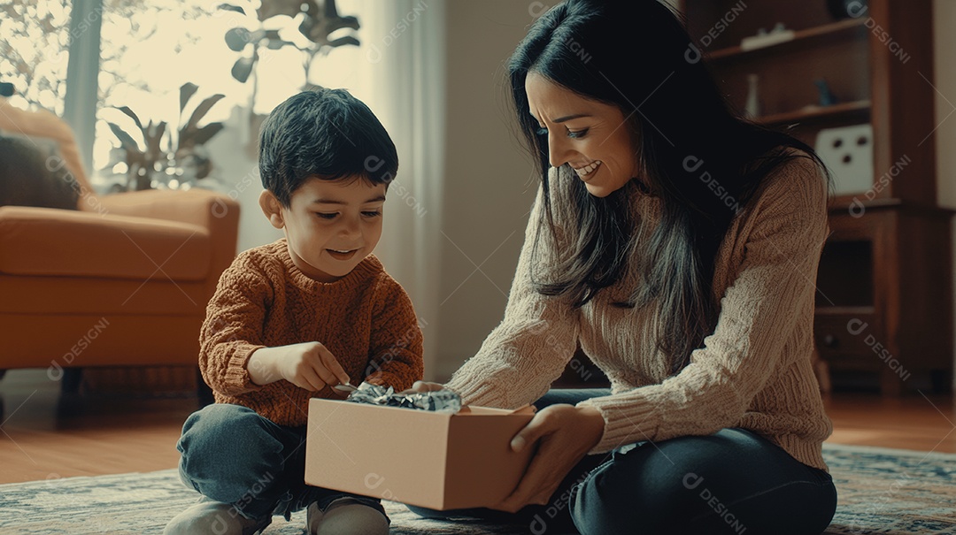 Linda mãe jovem ao lado de seu filho ganhando presente