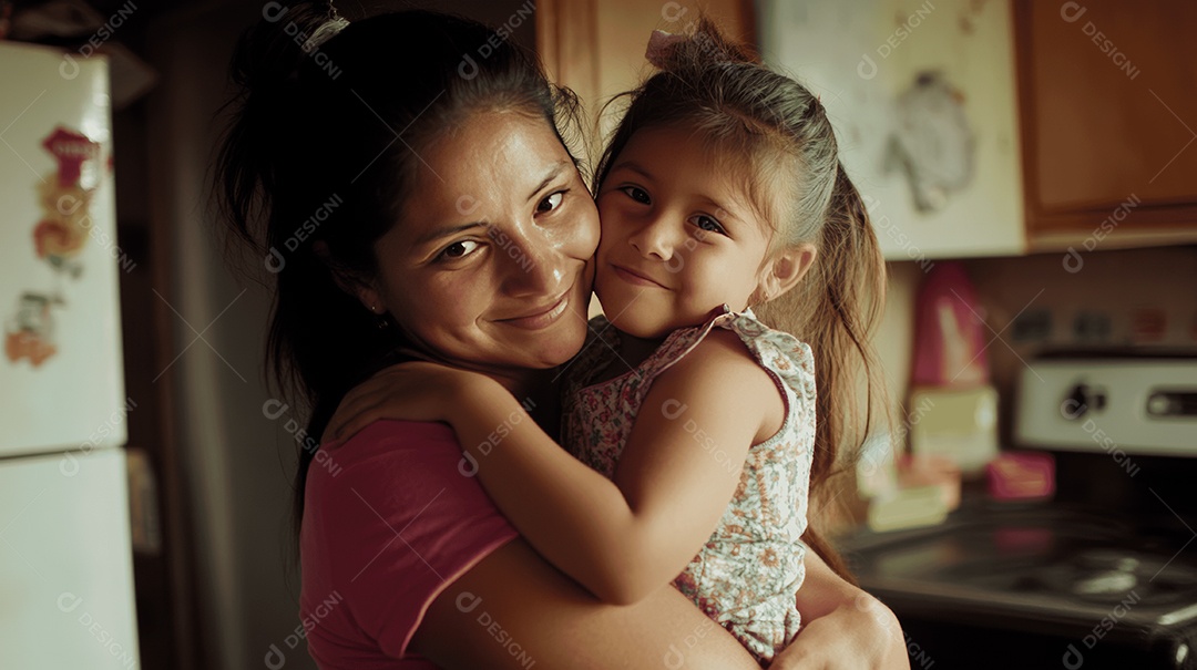 Linda mãe jovem ao lado de sua filha se abraçando