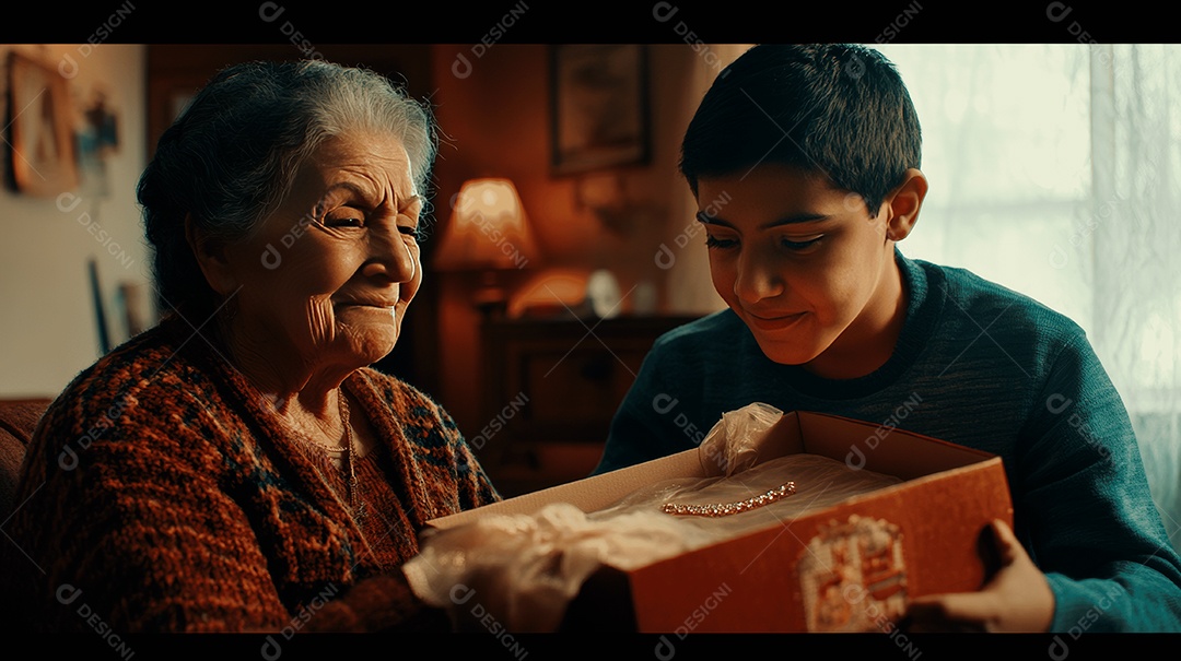 Mãe idosa ao lado de seu filho sendo presenteanda