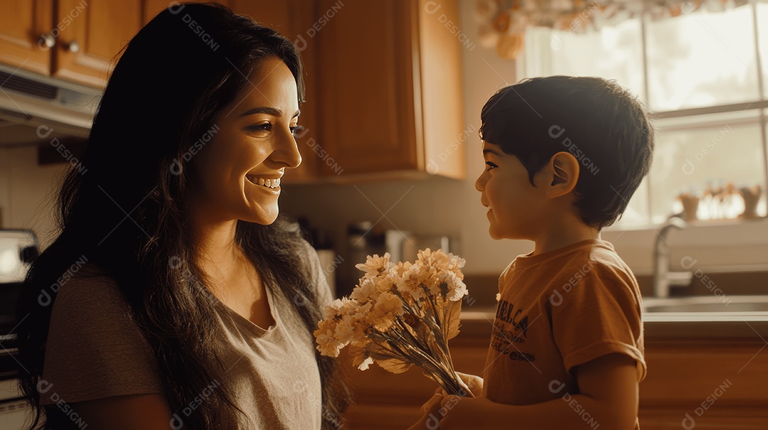 Linda mãe jovem ao lado de seu filho ganhando flores